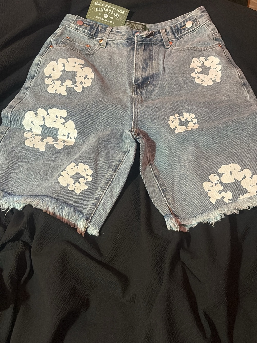 Light Blue Denim Jean Shorts with White Floral Prints